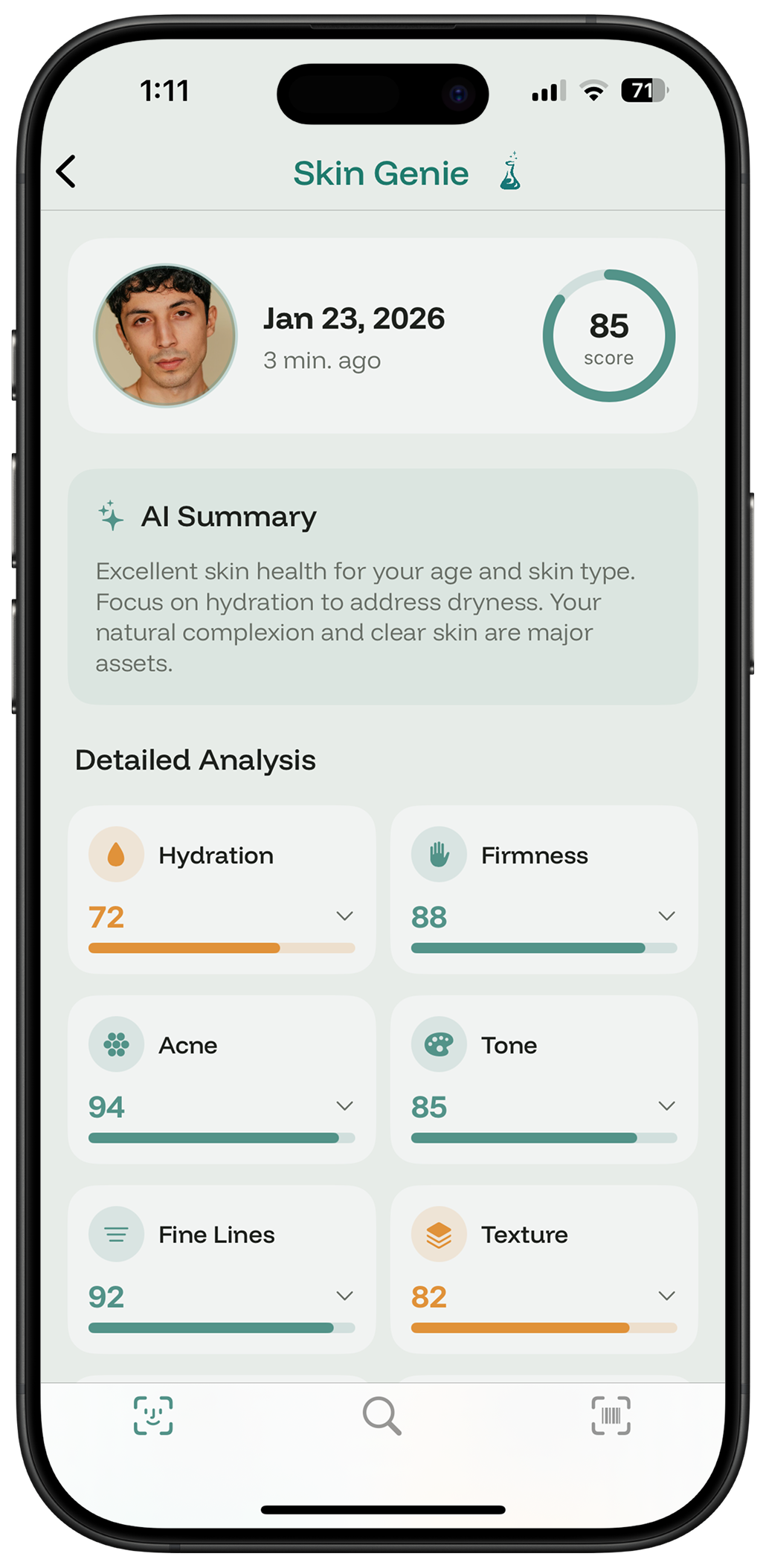 Skin Genie skin analysis showing scores for hydration, firmness, acne, tone, and more